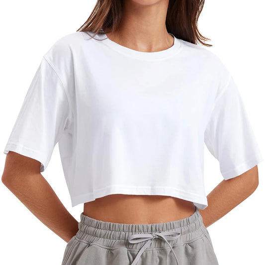 Harajuku Y2K Women's Crop Top – Casual Streetwear Short Sleeve Round Neck Loose Tee | White, Pink, Yellow | S–XL