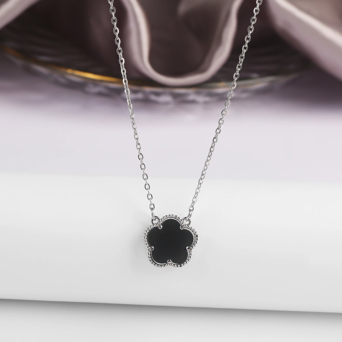 Five-Petal Flower Pendant Necklace — Natural Stone, 7 Colors