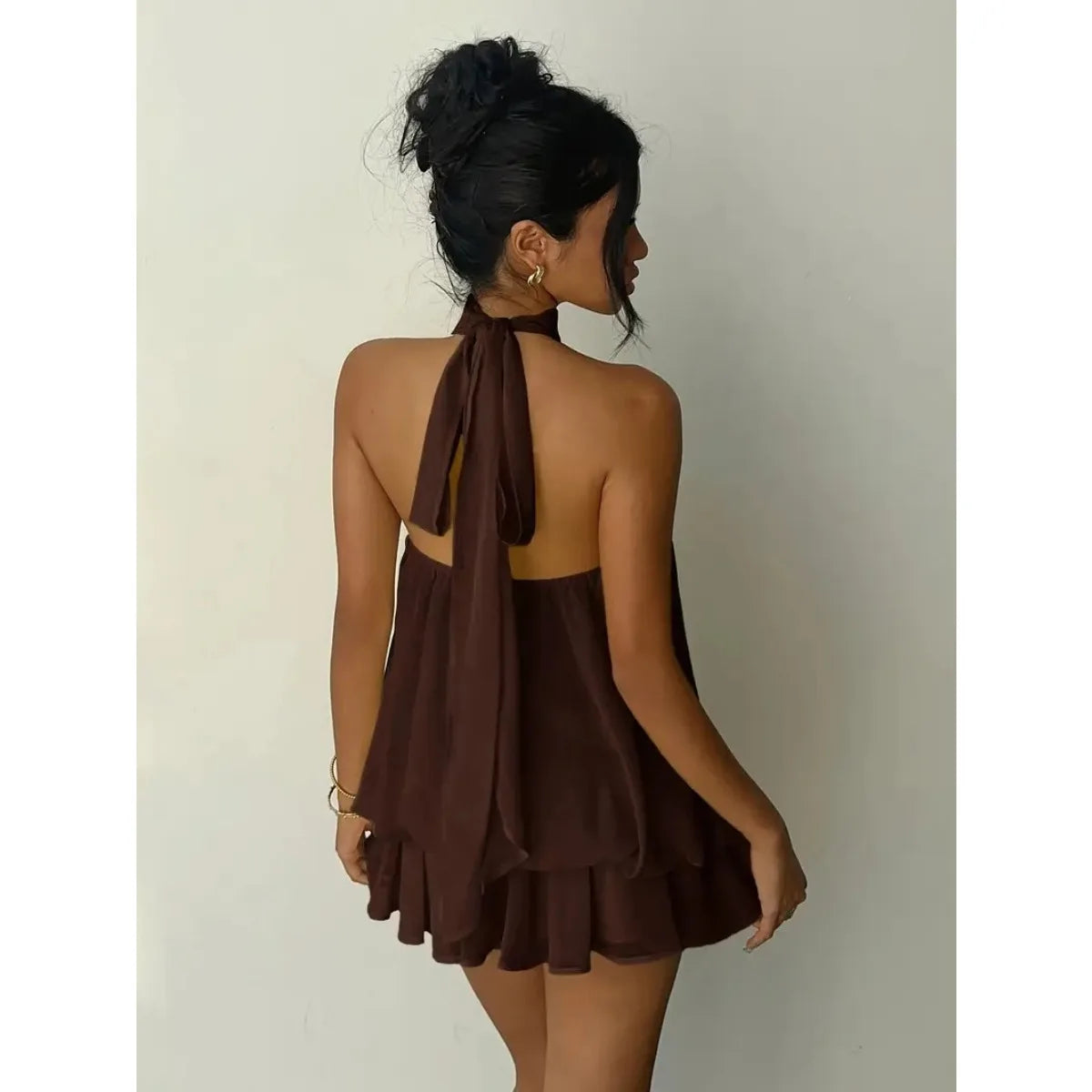 Women's Halter Backless Chiffon Mini Dress — Tie-Front Party Dress