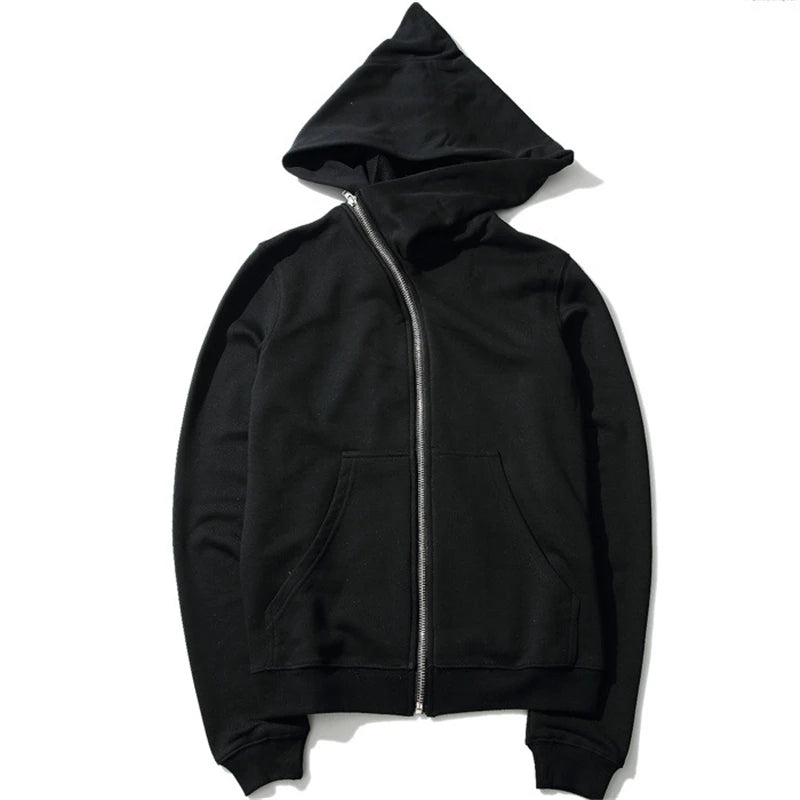 Men's Hooded Zip-Up Cloak Jacket, Black Streetwear