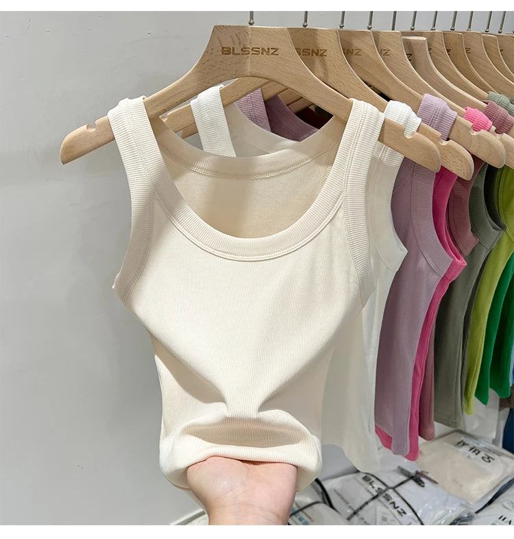 AOSSVIAO Women Solid Round Neck Ribbed Tank Top Camisole Women 2026 Summer Basic Elastic Tank Top O Neck Solid Tank Top