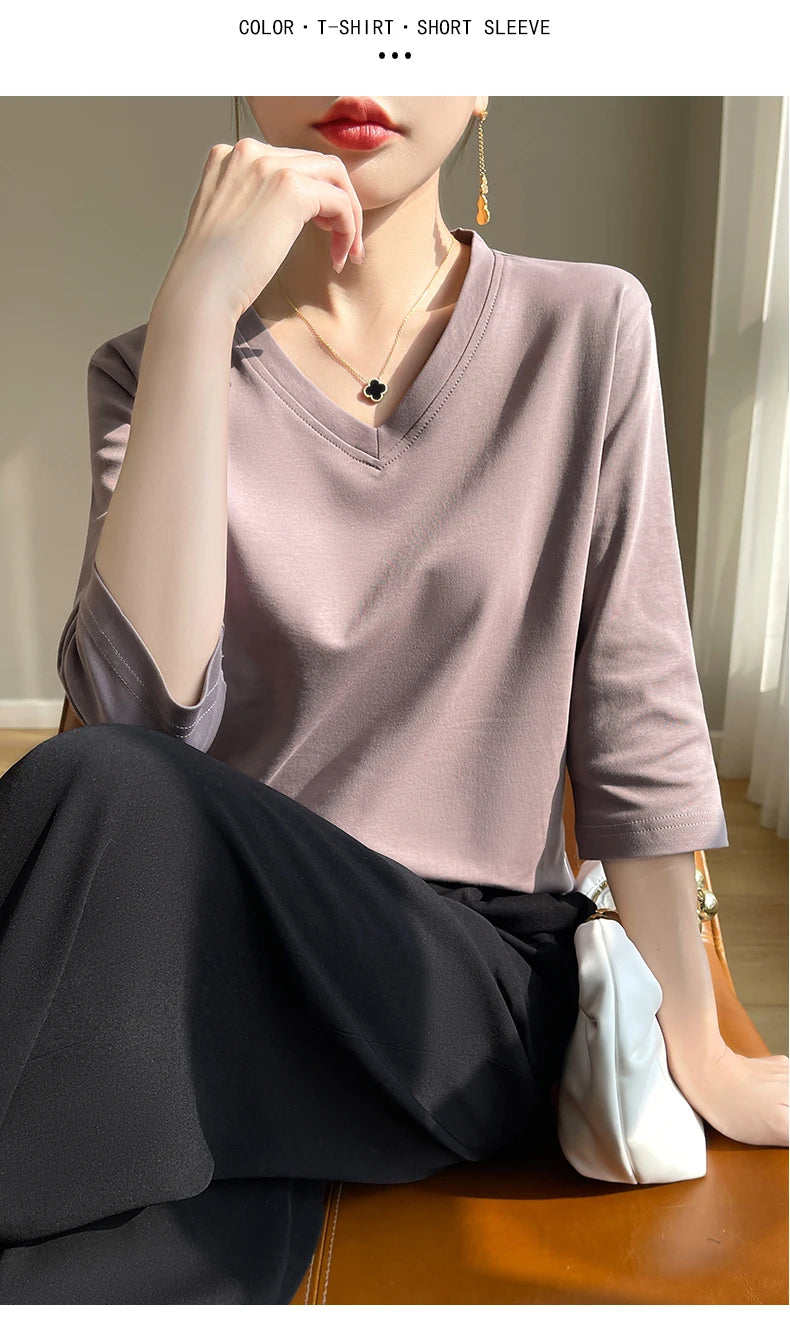 Spring And Summer New Cotton V-neck T-shirt Short-Sleeved Women's Half-Sleeve Bottoming Shirt High-End Cropped Sleeve Top