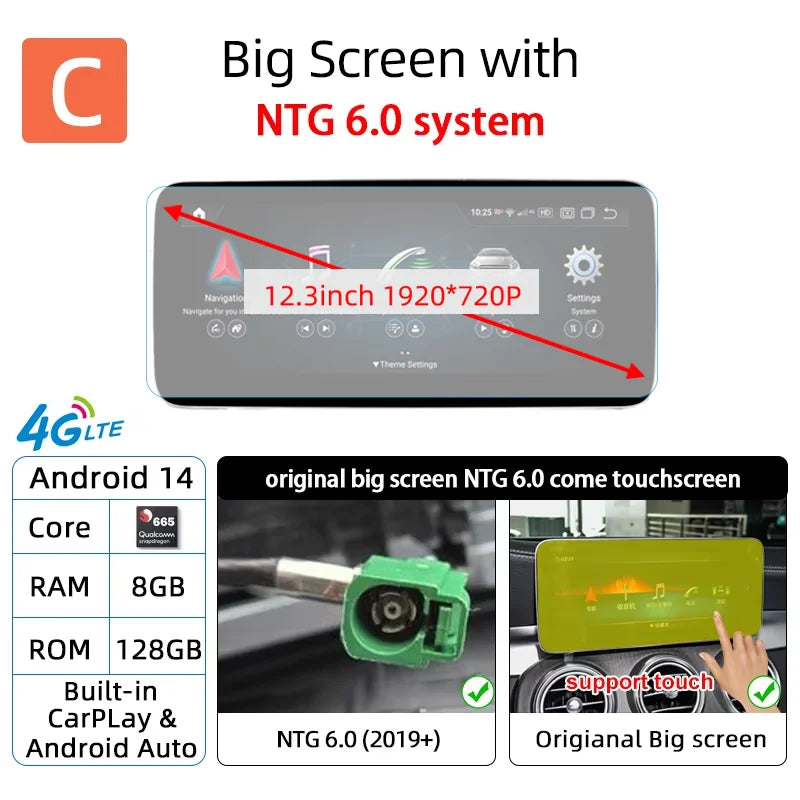 Android 14 Carplay Auto Radio Touch Screen For Mercedes C GLC V W205 X253 W447 NTG 5.5 6.0 2019-2023 Smart Car System Head Unit
