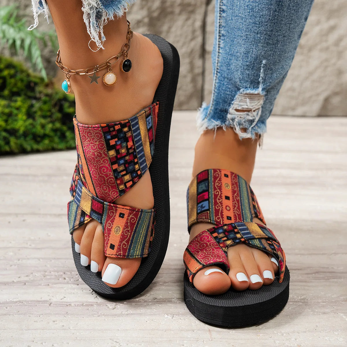 Summer Women Slippers Platform Sandals Fashion Open Toe Shoes Slip on Colorful Beach Shoe Ethnic Style Lightweight Slippers