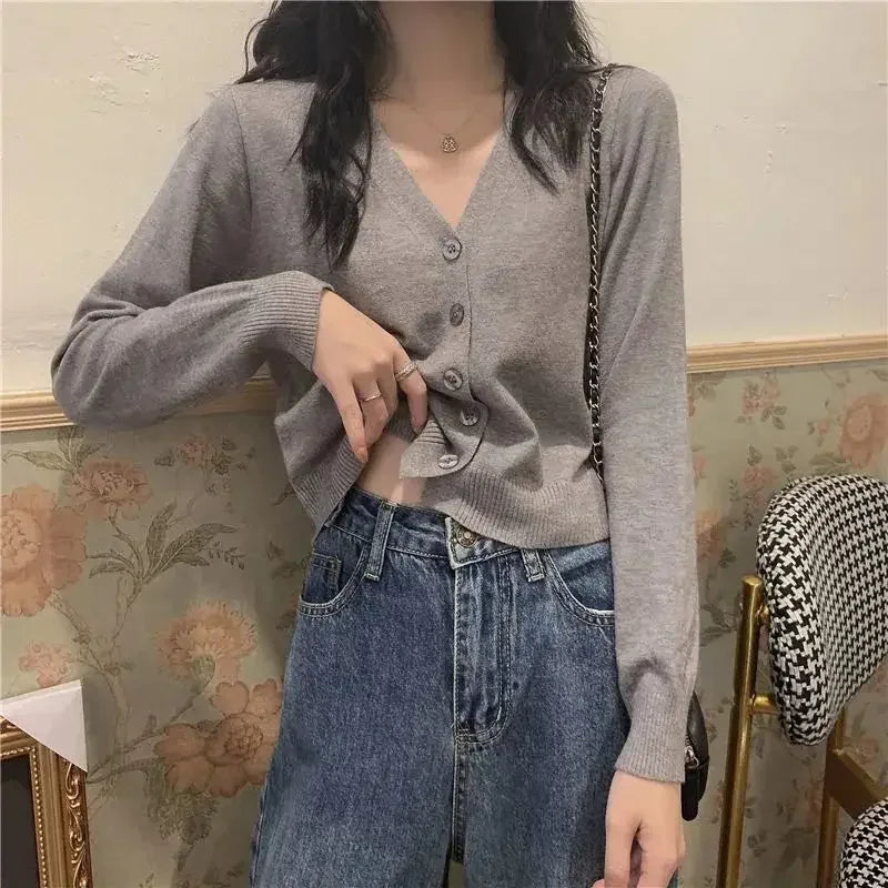 Cardigan for Women Long Sleeve Knitted Sweaters Sweater Cropped Crochet Kawaii V Neck Cardigans Woman Black Tops Cute 2025 Trend