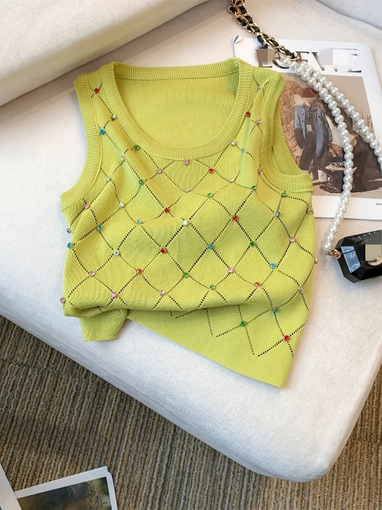 Colorful Rhinestone Knitted Tank Top Casual Crew Neck Sleeveless Tank Top For Summer  Women's Clothing Crop Top Camis
