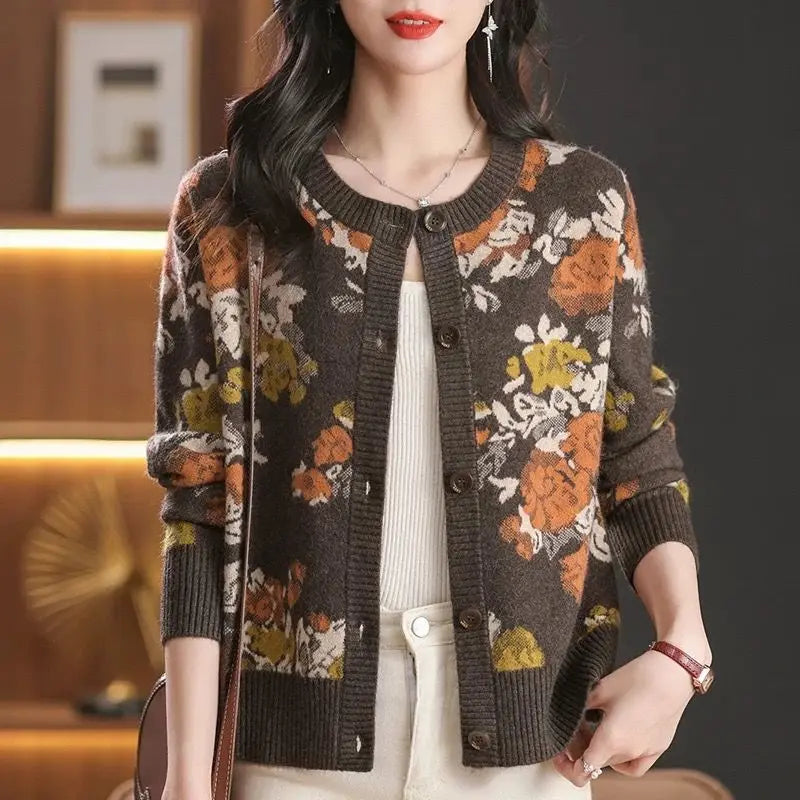 Knitted cardigan for women short sweater jacket outerwear 2025 spring and autumn new and fashionable jacquard round neck top