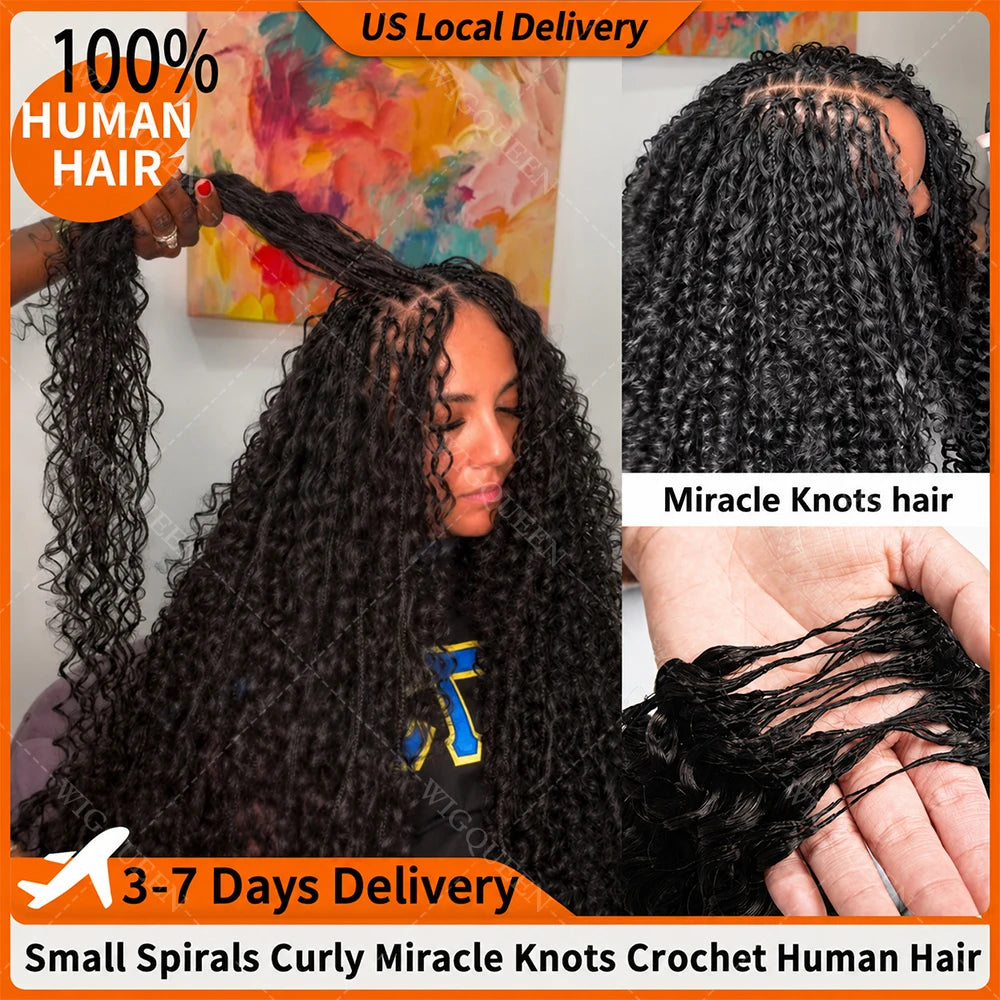 15A Small Spirals Curly Miracle Knots Feather Crochet Human Hair For Boho Braiding Invisible Knot PreSeparated Knotless Kinky Curly Crochet Human Hair Extensions Reusable Pre looped Natural Black Crochet Bundles With String B