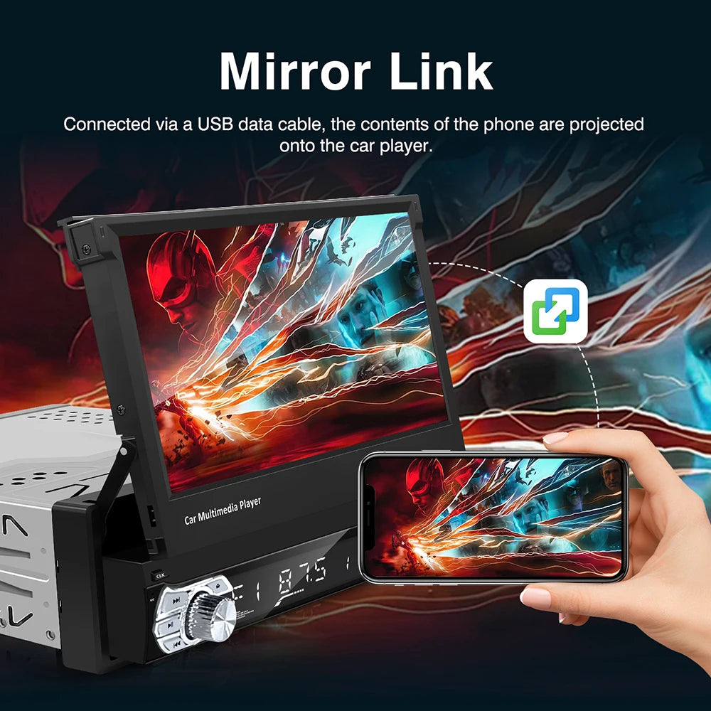 1-DIN 7" Retractable Touchscreen Car Stereo — CarPlay, Android Auto, Mirror Link, FM/AUX, Bluetooth