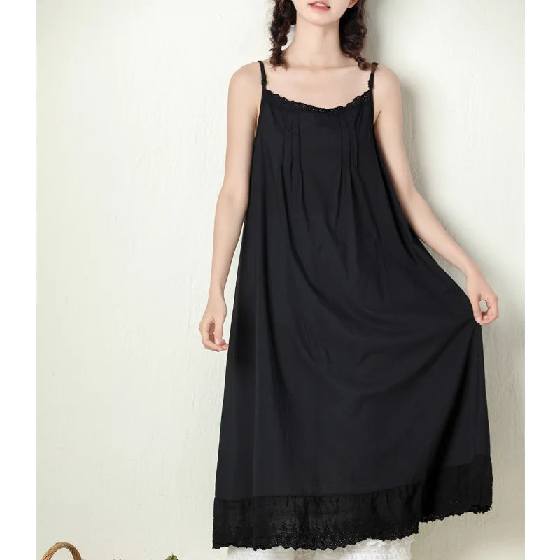 Johnature 2026 Summer New Japanese Casual Spaghetti Strap Thin All Match Dress For Women Solid Color Cotton Female Dresses