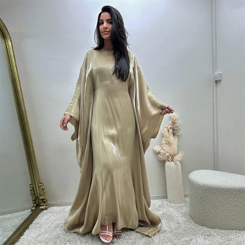 Shimmer Batwing Satin Abaya – Luxury Muslim Kaftan Dress for Eid & Ramadan