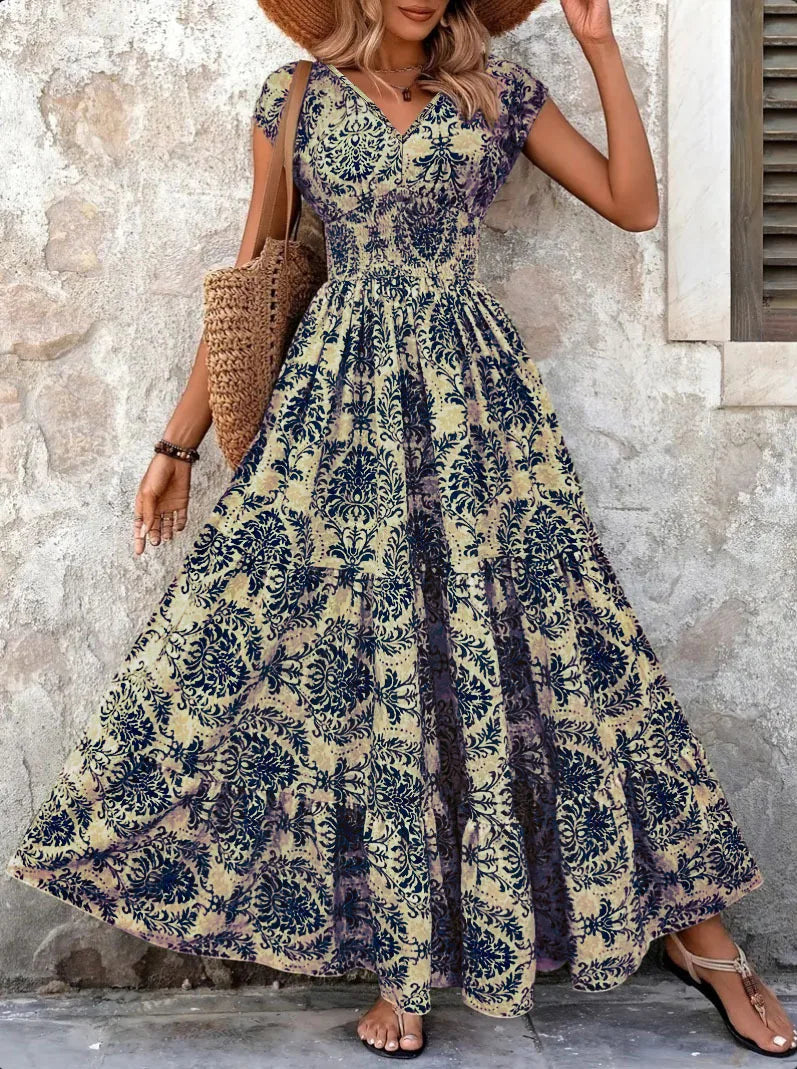 Women's Vintage Floral Print Maxi Dress – Elegant V-Neck Short-Sleeve Floor-Length Gown