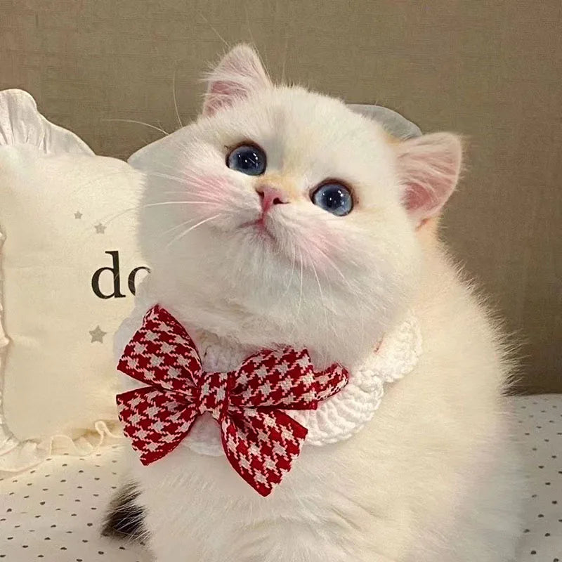 Cute Cat Collar Wool Crocheted Cats Bowtie Collar Bow Tie Pet Bib for Cats Kitten and Small Dogs Puppies Tie Accessories