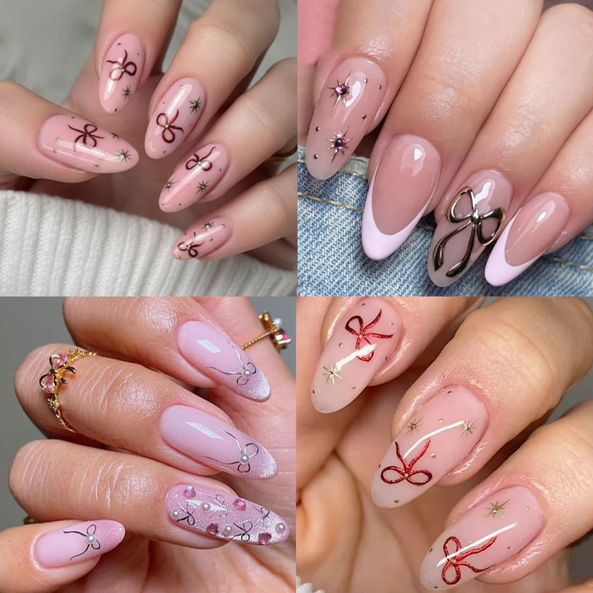 New Year's Red Bow Nail Stickers, Self-Adhesive Pink and Gold Ribbon Nail Decorations, Ballet-Style Ribbon Design Nail Decals