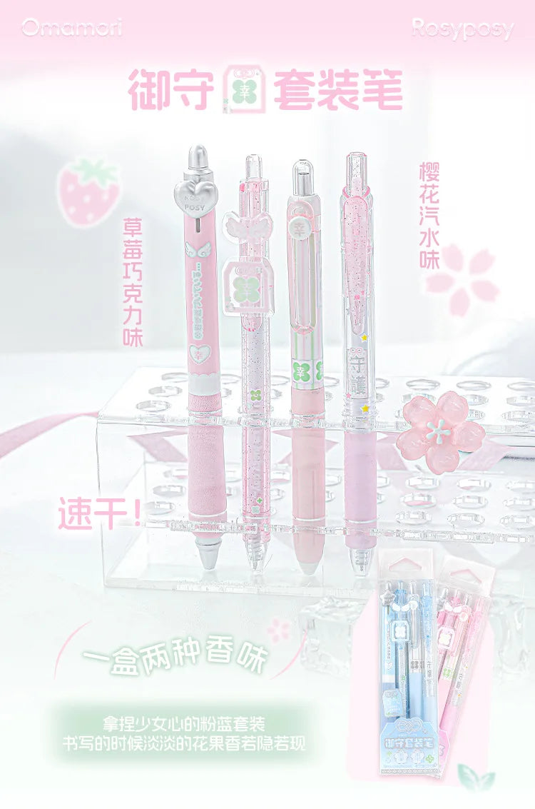 4pcs Good Luck Gel Pens Set Sweety Japanese Style 0.5mm Ballpoint Black Ink for Writing Student Back to School Kids Gift A3142