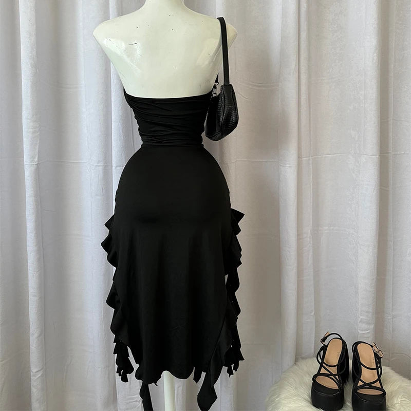 2026 Summer Maxi Women's Dress Vintage Elegant black Fashion Sleeveless Slim Backless Irregular Tassel Party Dresses Street Robe
