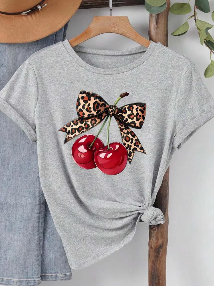 Women's Cherry-Print Tee — Crew-Neck Casual Short-Sleeve Top