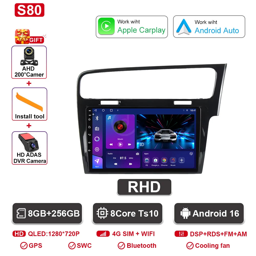 Android Car Stereo for VW Golf 7 MK7 GTI (2012–2021, RHD) — CarPlay, Android Auto, GPS, 2-DIN