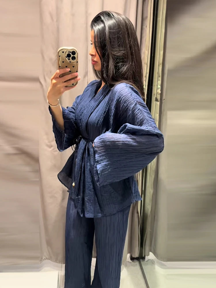 V-Neck Lace-Up Shirt & Wide-Leg Trousers Set — 2-Piece