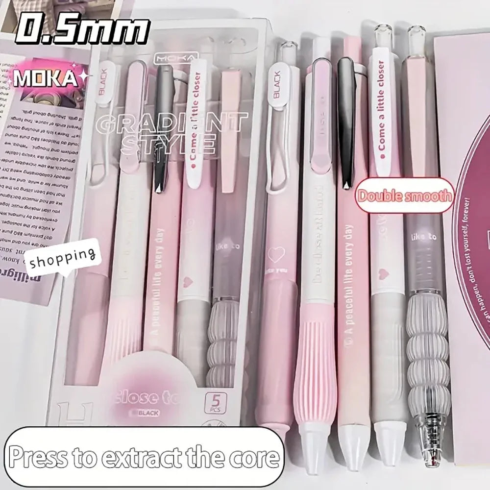 5PCS Chic Pink Blush Retractable Gel Pens, 0.5mm Fine Point Black Ink, Smooth Writing for Daily Office & School Supplies