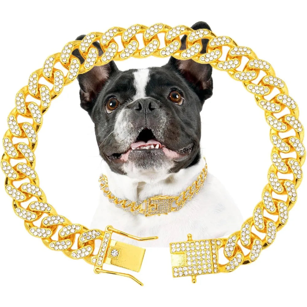 Gold Dog Chain Diamond Dog Collar Walking Metal Secure Buckle Pet Collar Jewelry Accessories Necklace for Small Medium Large Cat