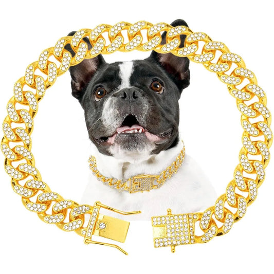 Gold Dog Chain Diamond Dog Collar Walking Metal Secure Buckle Pet Collar Jewelry Accessories Necklace for Small Medium Large Cat