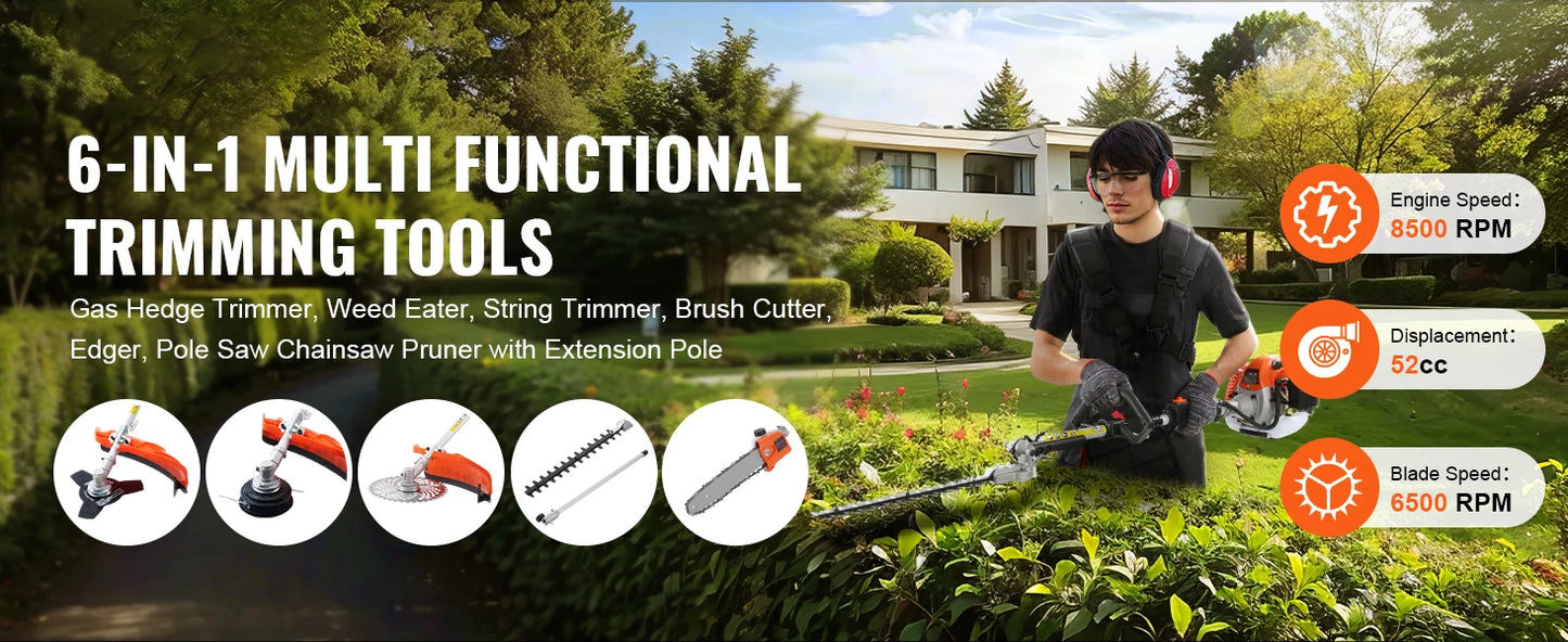 SucceBuy 52CC 6-in-1 Gas Multi-Tool — Hedge Trimmer & Brush Cutter