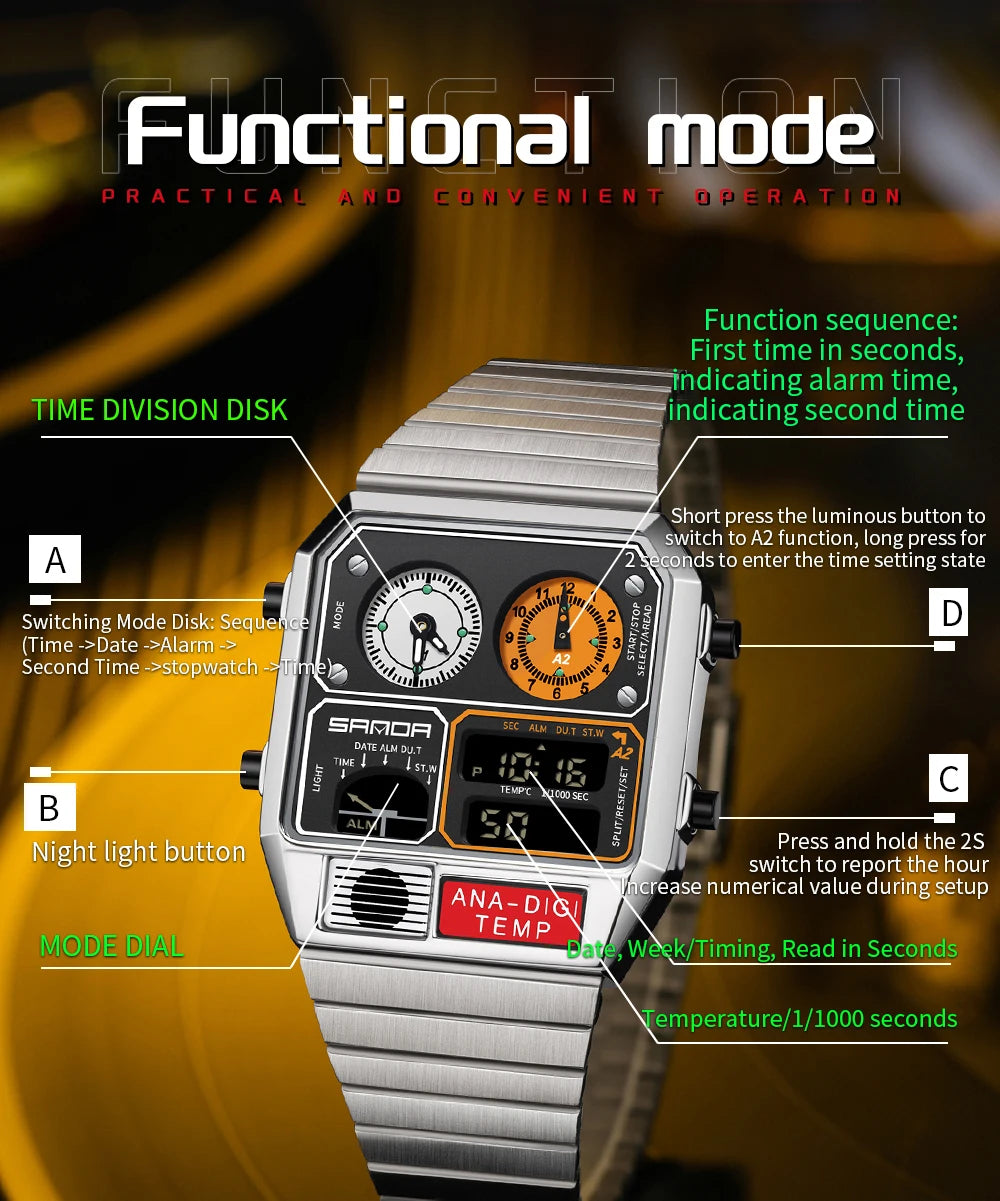 SANDA 3192 Men's Sport Watch – Analog-Digital LED, Waterproof, Stainless Steel