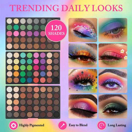 120 Color 3-Layer Eyeshadow Palette - Matte and Shimmer Makeup Kit