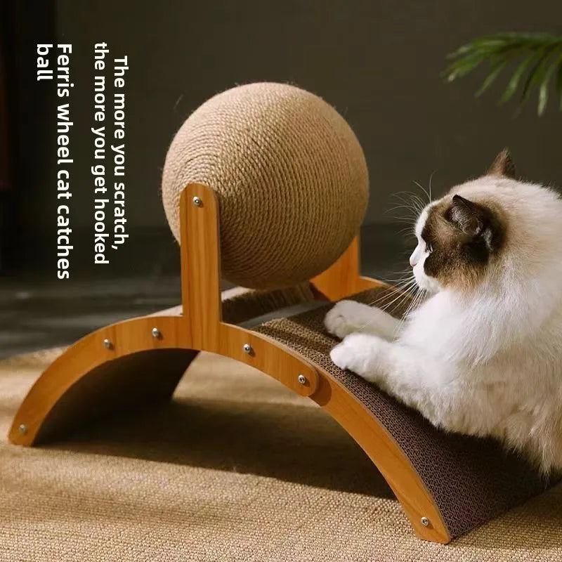 Cat Scratcher with Rolling Sisal Ball, Wooden Frame Sisal Cat Scratch Pad Kitten Grinding Claw Toy Indoor Cat Furniture for Sofa