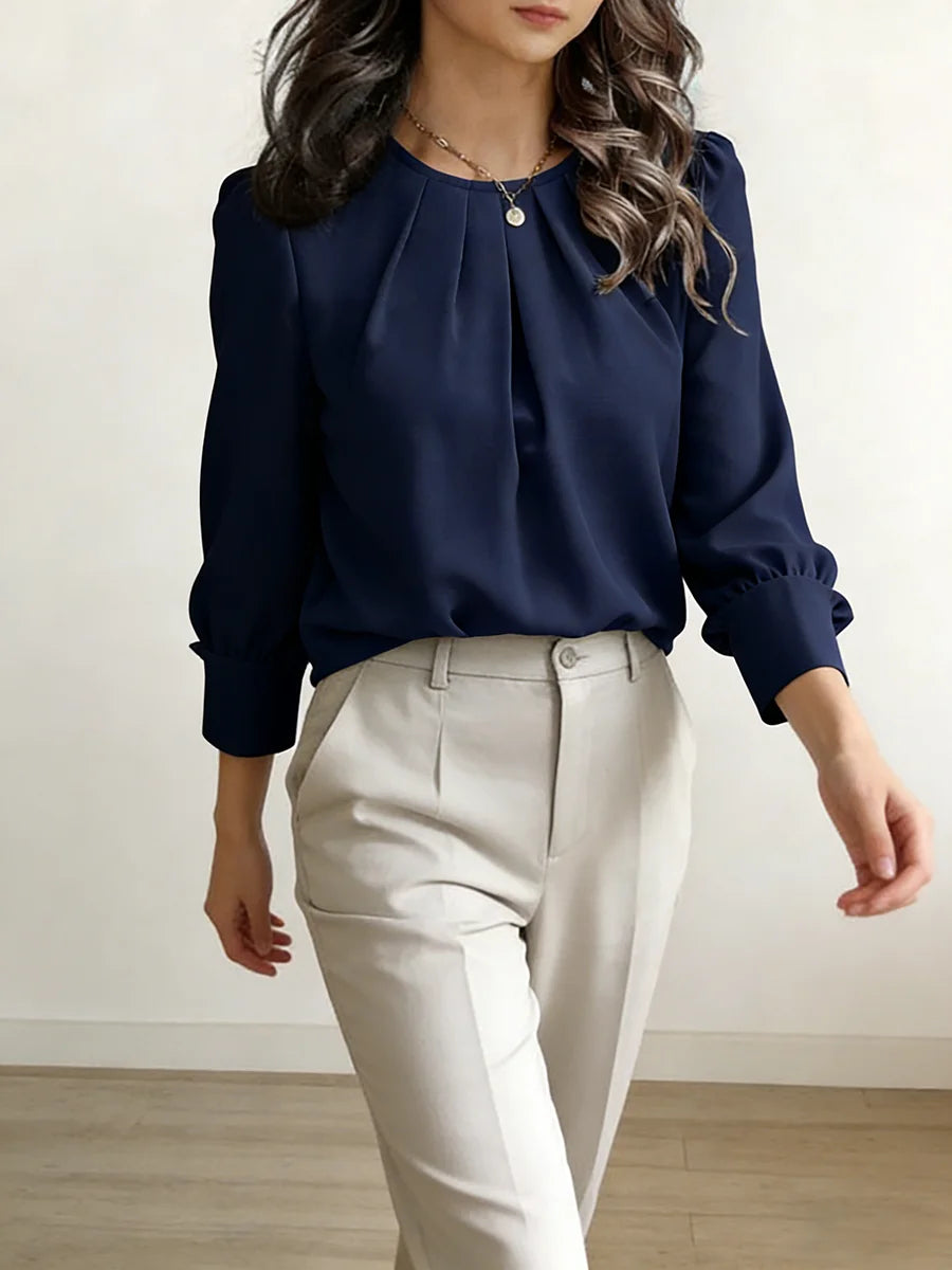 Women's Pleated Round Neck Blouse - Loose Long Sleeve Top - photo 3