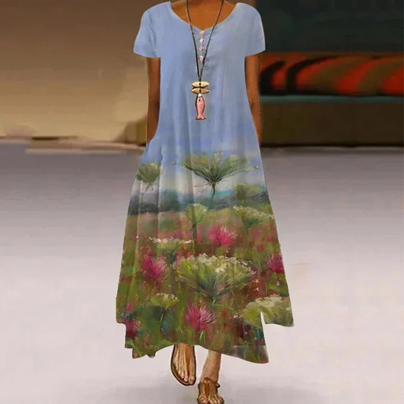Women's Dandelion-Print Dress - Short Sleeve, Casual Summer Midi