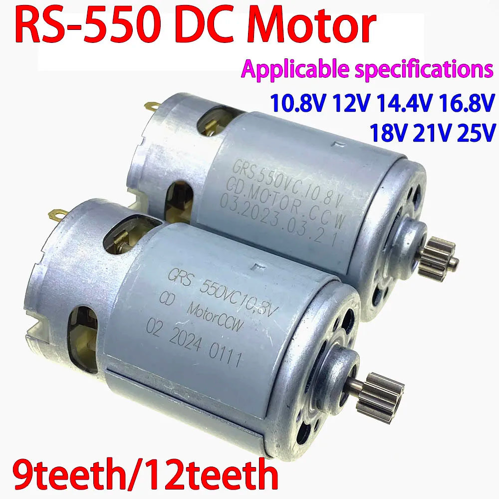 RS550 DC Motor10.8V 12V 14.4V 16.8V 18V 21V 25V Micro Electric Screwdriver Motors with 9 Teeth12Teeth High Torque Gear Box Motor