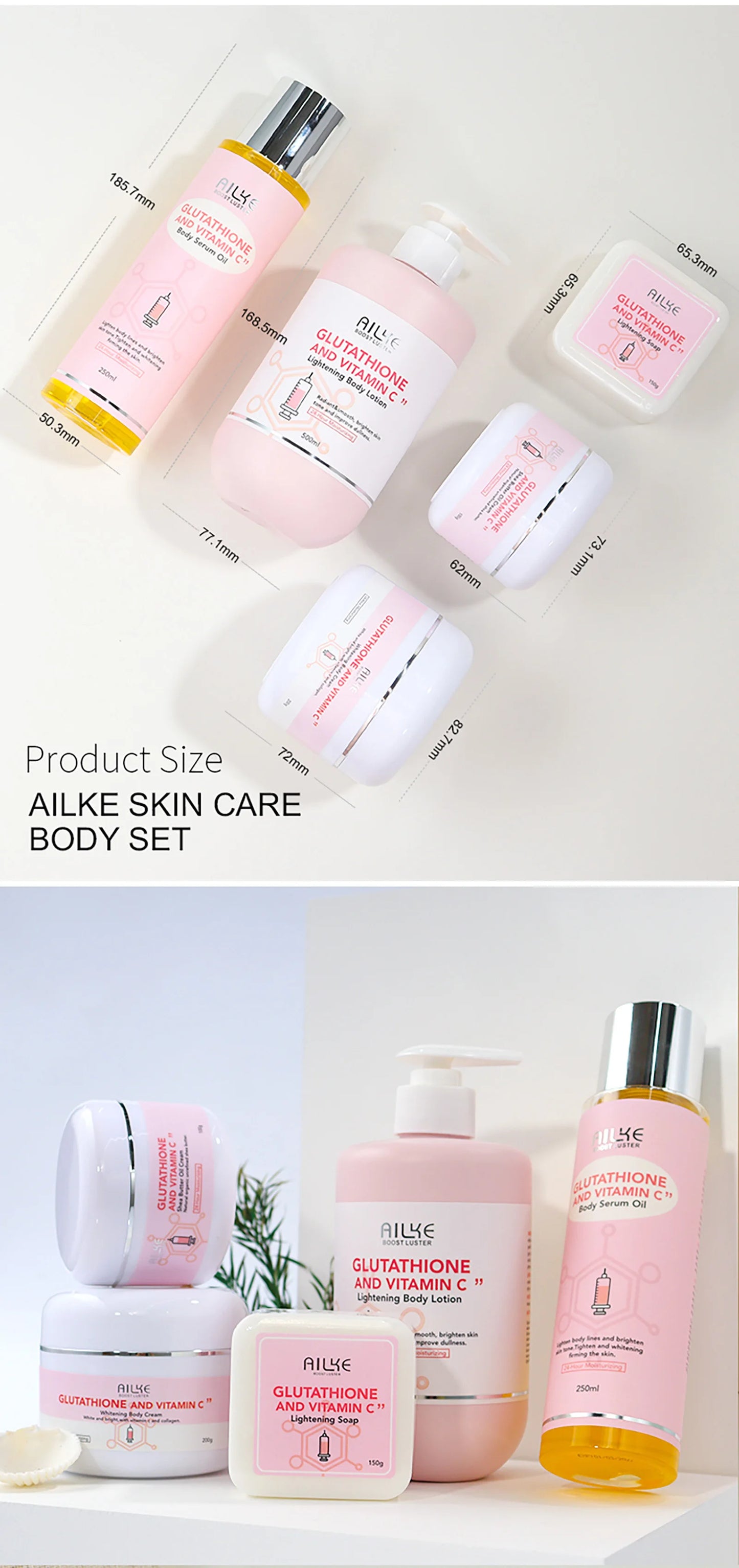 AILKE Glutathione & Vitamin C Brightening Skincare Kit – Whitening Body Lotion, Cream, Serum, Soap & Spa Oil Set