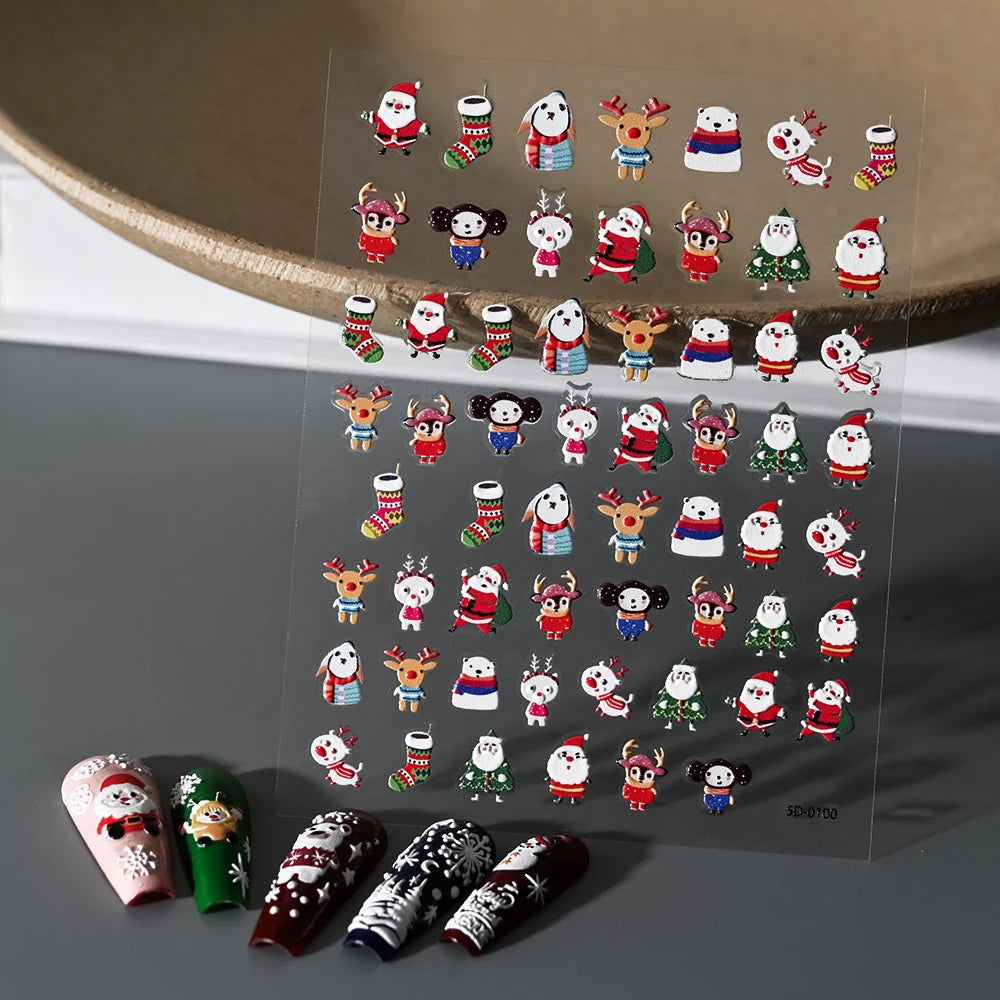 1pc Christmas Nail Art Stickers 5D Winter Holiday Themed Nail Decor Santa/Snowflakes/Christmas Trees/Gingerbread Nail Supplies *