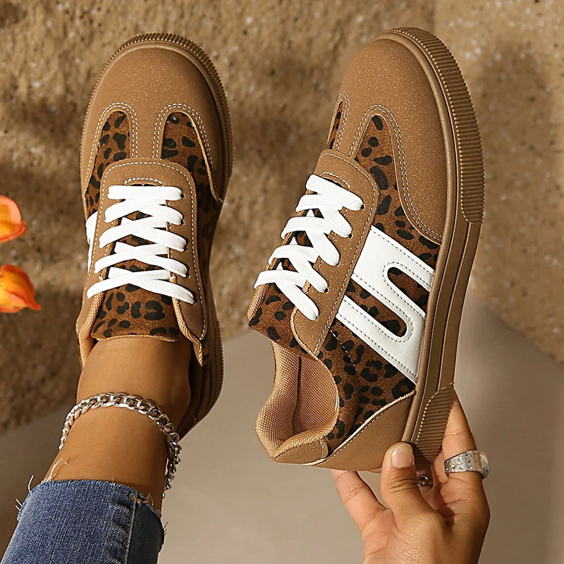 Brown Leopard Platform Sneakers for Women — Non-Slip Thick-Sole Trainers, Plus Size