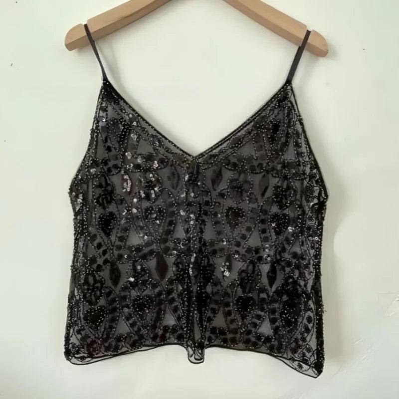 Women's Hot Sweet Sequin Bead Crop Tops Sexy Sling Slim Fit Short V-neck Straight Tank Top Korean Fashion Y2k Clothing