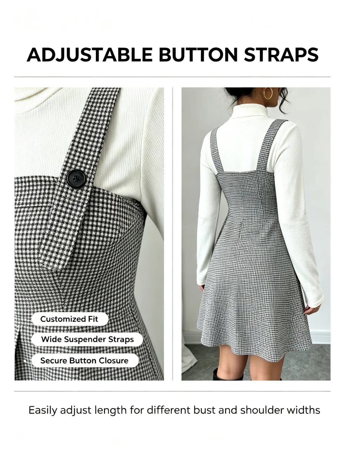 Women Vintage Houndstooth Pinafore Dress High Waist A-Line Mini Dress Adjustable Button Strap Sleeveless Suspender Skirt