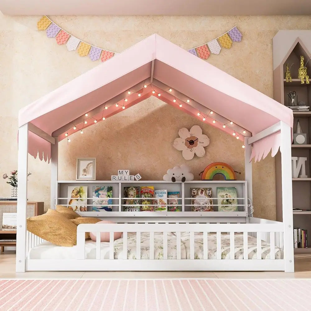 Full Size Wooden Loft Bed for Kids with Stairs, Storage Shelves, Curtain, and LED Lights, White & Pink