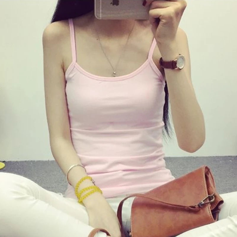 Women's Solid Color Spahetti Straps Sleeveless Slim Camisole Summer Wear Outside Female Short Tops Vests