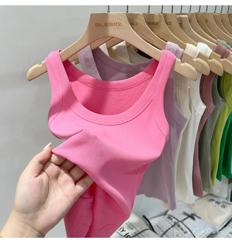 AOSSVIAO Women Solid Round Neck Ribbed Tank Top Camisole Women 2026 Summer Basic Elastic Tank Top O Neck Solid Tank Top