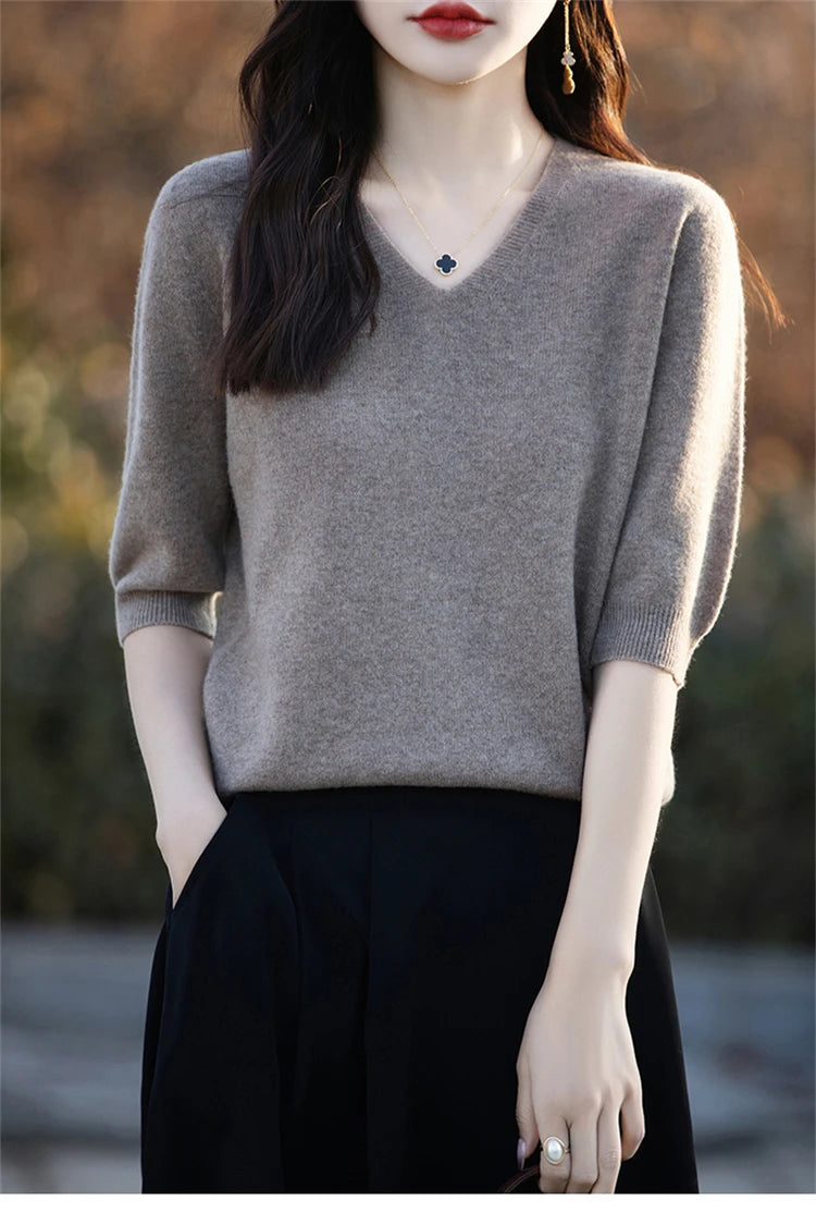 RONGYI Spring/Summer 2026 Ladies Sweater Pullover Solid Color V-neck Half-sleeved Knitted Cashmere Sweater Thin Casual Top