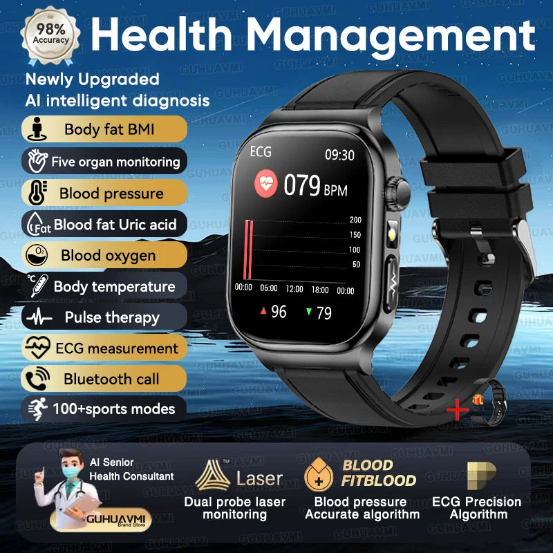 GUHUAVMI 2026 AI Health Smartwatch – ECG+HRV, Blood Pressure, Uric Acid & Blood Lipid Monitor | 2.04" AMOLED Sapphire | Bluetooth Calling | Men & Women