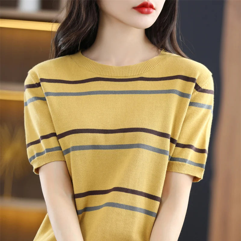 Pure Cotton Hollow Short-Sleeved Ladies Spring And Summer Loose Slim New Joker Knit Bottoming T-Shirt