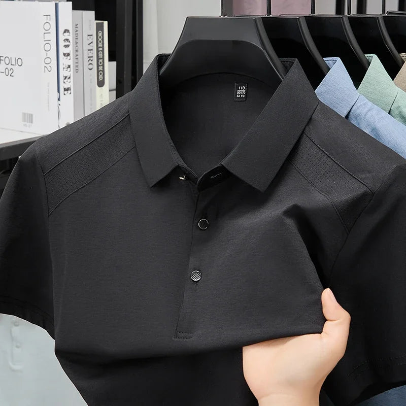 Men's Lapel Polo Tee - Perforated Shoulder, Wrinkle-Resistant