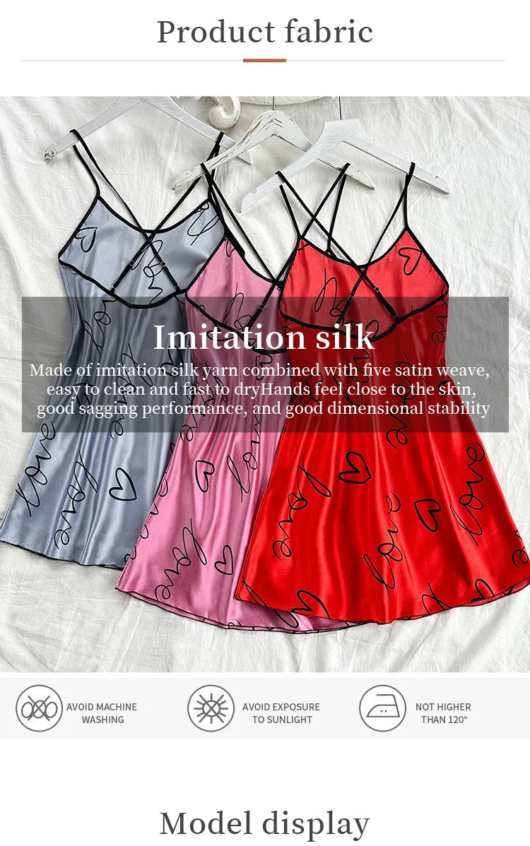 Women's Heart & Letter Print Nightdress – Sexy Sleeveless Satin Slip Sleepwear | S–XL (6 Colors)