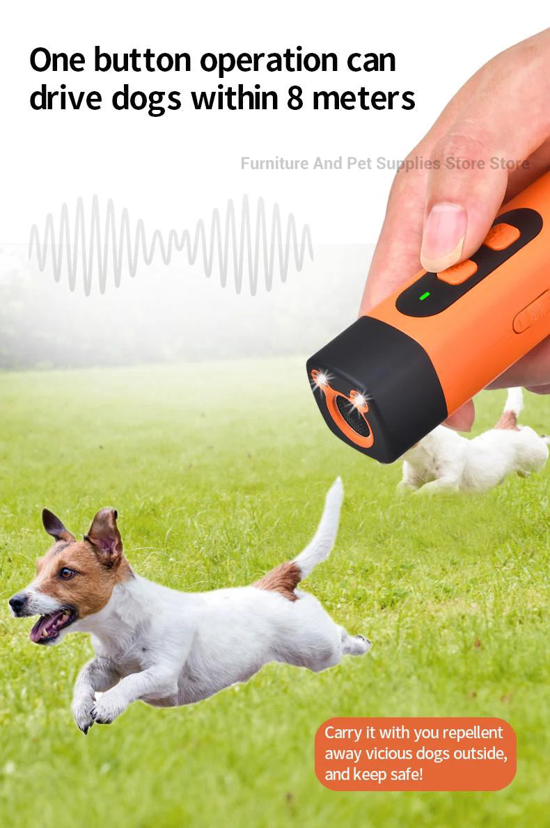 Rechargeable Ultrasonic Dog Repeller & Anti-Bark Deterrent – Dog Training Device with LED Flashlight | Orange