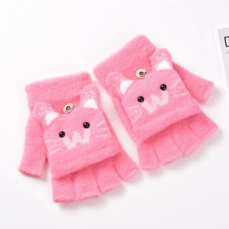 Kids Flip-Top Faux Fur Mittens - Cartoon Knit Winter Gloves - photo 2
