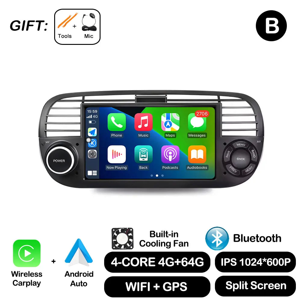 7" Car Stereo with Apple CarPlay & Android Auto, Compatible with Fiat 500 (2007-2015)