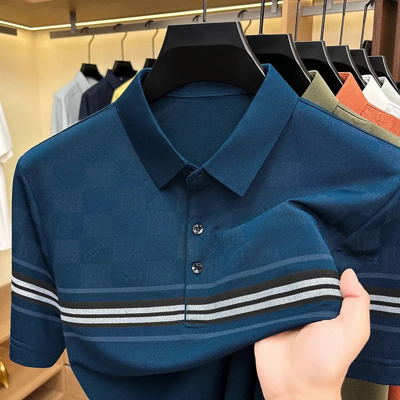 Men's Grid Jacquard Polo - Stripe Sleeve, Wrinkle-Free Office Wear